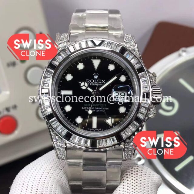Rolex GMT Masters II Diamonds Bezel Swiss Watch in 904L Case – 1:1 Mirror Quality Super Clone Watch