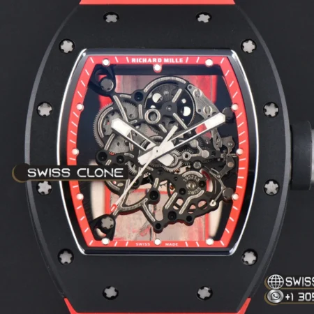 Richard Mille RM055 Ceramic 42.7mm Black Bezel Red Skeleton Dial Black Crown on Red Rubber RMUL2 High Resolution View