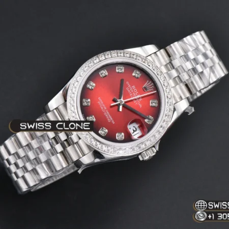 Rolex DateJust 31mm 904L Diamond Bezel Red Dial Diamond Marker Jubilee High Resolution View
