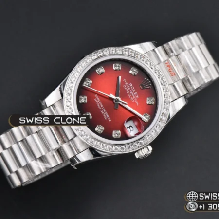 Rolex DateJust 31mm 904L Diamond Bezel Red Dial Diamond Marker President High Resolution View