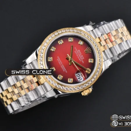 Rolex DateJust 31mm 904L Diamond Bezel Red Dial Diamond Marker YG/SS Jubilee High Resolution View