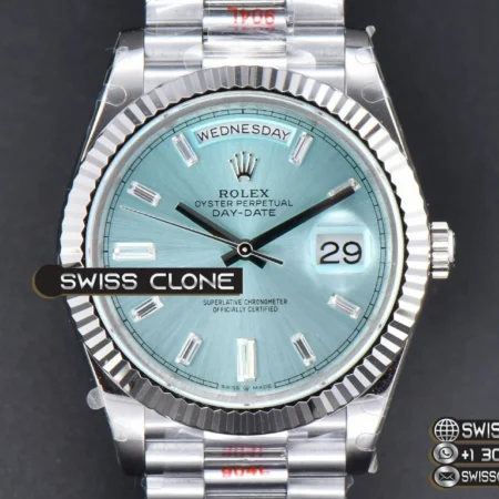 Rolex DayDate 36MM Ice Blue Dial Diamond Marker President Bracelet A3235 (GMF) High Resolution View