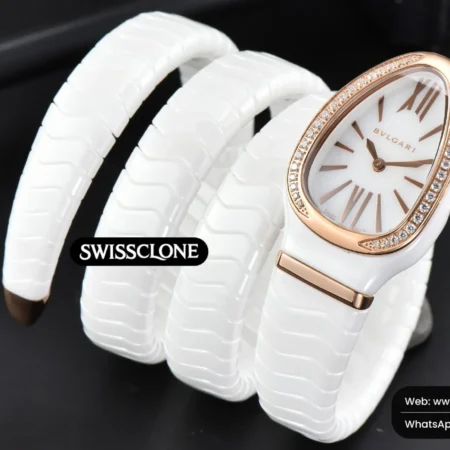 Rolex Bvlgari Serpenti Spiga 35mm Polycyclic White Ceramic White Dial Diamond Bezel Quartz High Resolution View