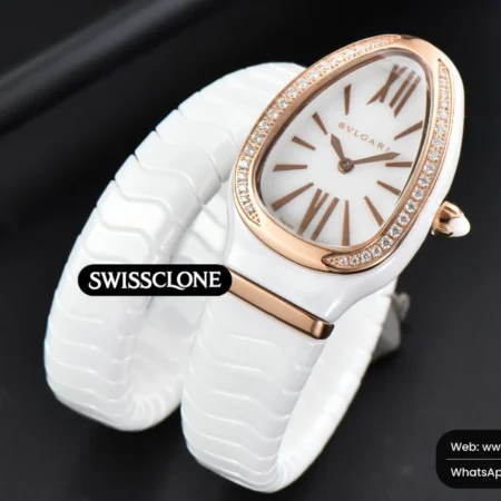 Rolex Bvlgari Serpenti Spiga 35mm White Ceramic White Dial Diamond Bezel Quartz High Resolution View