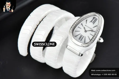 Rolex Bvlgari Serpenti Spiga 35mm Polycyclic White Ceramic White Dial Diamond Bezel Quartz High Resolution View