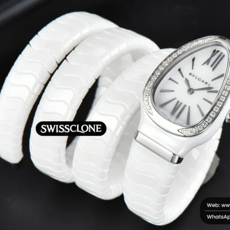 Rolex Bvlgari Serpenti Spiga 35mm Polycyclic White Ceramic White Dial Diamond Bezel Quartz High Resolution View