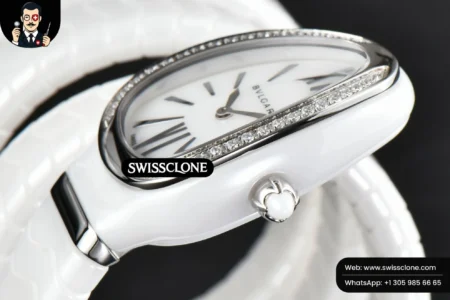 Rolex Bvlgari Serpenti Spiga 35mm Polycyclic White Ceramic White Dial Diamond Bezel Quartz High Resolution View