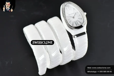 Rolex Bvlgari Serpenti Spiga 35mm Polycyclic White Ceramic White Dial Diamond Bezel Quartz High Resolution View