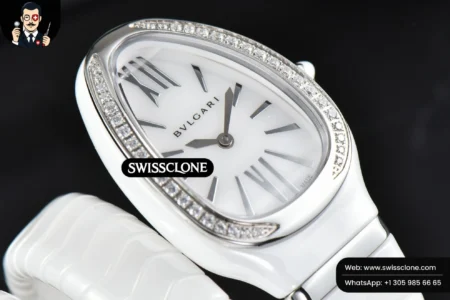 Rolex Bvlgari Serpenti Spiga 35mm Polycyclic White Ceramic White Dial Diamond Bezel Quartz High Resolution View