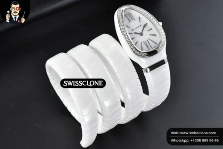 Rolex Bvlgari Serpenti Spiga 35mm Polycyclic White Ceramic White Dial Diamond Bezel Quartz High Resolution View