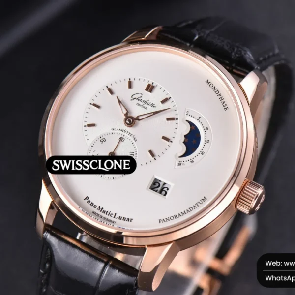 Rolex Glashütte Original PanoMatic Lunar TZF 40mm White Dial Black Leather (ZF Factory) High Resolution View