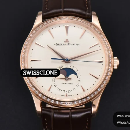 Rolex Jaeger LeCoultre Ultra Thin Moonphase 1362501 39mm Diamond White Dial Brown Leather High Resolution View
