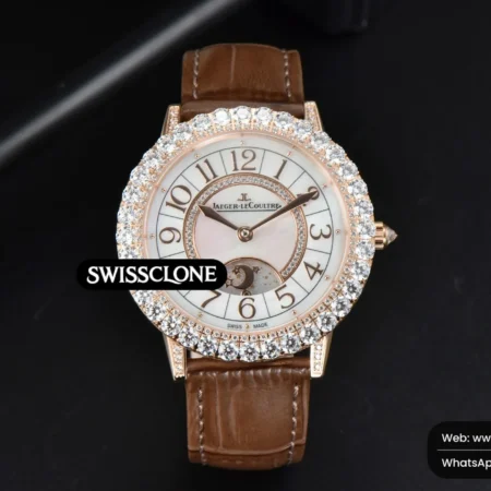 Rolex Jaeger LeCoultre Rendez Vous Night & Day 37mm GF Diamond MOP Dial Brown Leather High Resolution View