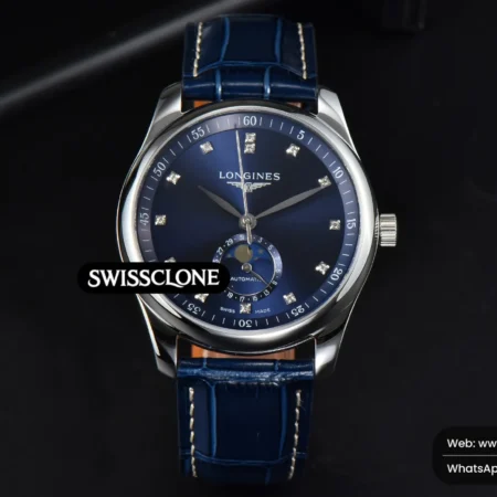 Rolex Longines Moonphase 40mm GF Blue Dial Diamond Marker Blue Leather High Resolution View