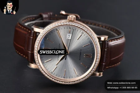 Rolex Portofino V7F 40mm Diamond Silver Dial Marker Brown Leather High Resolution View