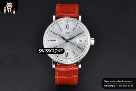 Rolex Portofino V7F 37mm Diamond Silver Dial Silver Marker Red Leather High Resolution View