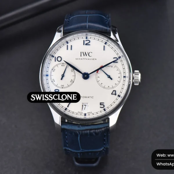 Rolex Portuguese Real PR IW500107 42mm White Dial Blue Marker Blue Leather High Resolution View