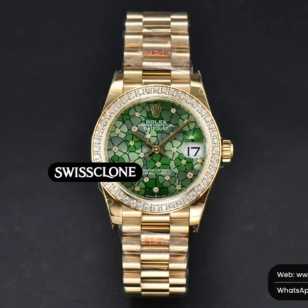 Rolex DateJust 31mm 904L Diamond Bezel Green Flowers Dial President High Resolution View
