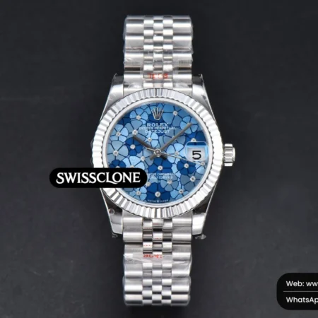 Rolex DateJust 31mm 904L Fluted Bezel Blue Flowers Dial Jubilee High Resolution View