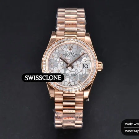 Rolex DateJust 31mm 904L Diamond Bezel Silver Flowers Dial President High Resolution View