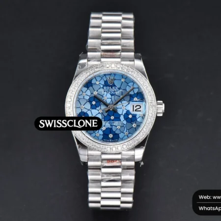 Rolex DateJust 31mm 904L Diamond Bezel Blue Flowers Dial President High Resolution View
