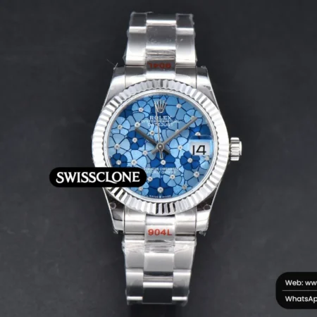 Rolex DateJust 31mm 904L Fluted Bezel Blue Flowers Dial Oyster High Resolution View