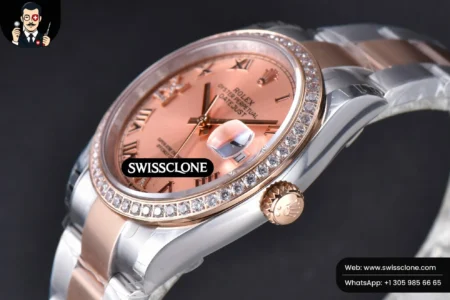 Rolex DateJust 36mm SS/RG Dial Diamond Roma Marker Diamond Bezel Oyster High Resolution View