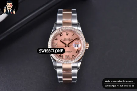 Rolex DateJust 36mm SS/RG Dial Diamond Roma Marker Diamond Bezel Oyster High Resolution View