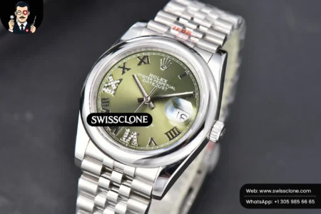 Rolex DateJust 36mm Smooth Bezel Green Dial Diamond Roma Marker Jubilee VR3235 High Resolution View