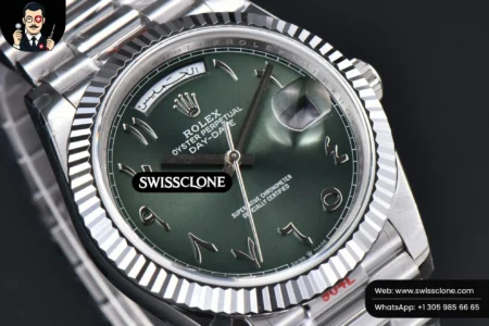 Rolex DayDate 40mm 904L Oliva Green Arabic Dial President High Resolution View