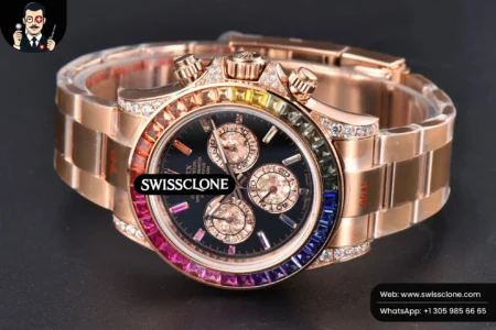 Rolex Daytona 116595 Customized Rainbow Diamond Bezel Black Dial High Resolution View
