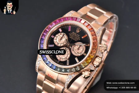 Rolex Daytona 116595 Customized Rainbow Diamond Bezel Black Dial High Resolution View