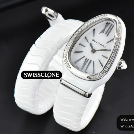 Rolex Bvlgari Serpenti Spiga 35mm White Ceramic White Dial Diamond Bezel Quartz High Resolution View