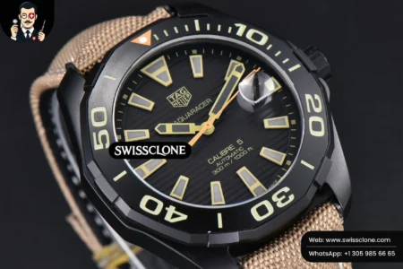 Tag Heuer Aquaracer Caliber 5 43mm OF Ceramic Black Dial Yellow Hand Brown Nylon SW200 High Resolution View