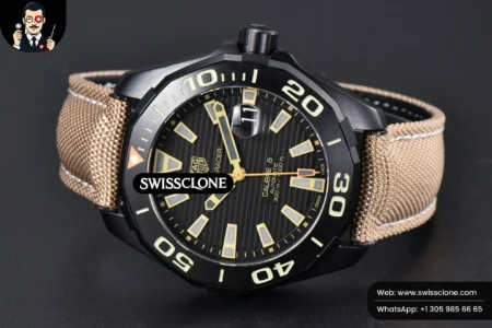 Tag Heuer Aquaracer Caliber 5 43mm OF Ceramic Black Dial Yellow Hand Brown Nylon SW200 High Resolution View