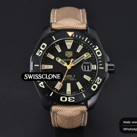 Tag Heuer Aquaracer Caliber 5 43mm OF Ceramic Black Dial Yellow Hand Brown Nylon SW200 High Resolution View