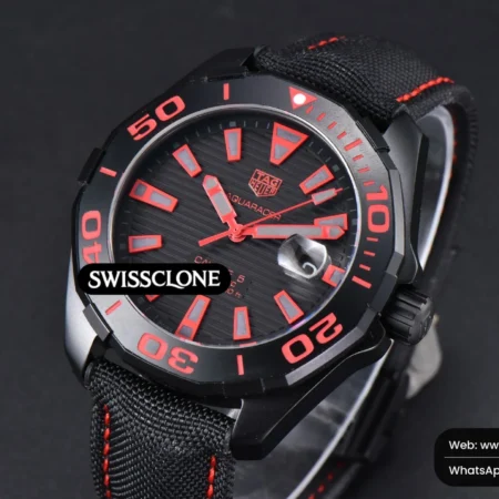 Tag Heuer Aquaracer Caliber 5 43mm OF Ceramic Black Red Hand Dial Black Nylon SW200 High Resolution View