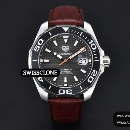 Tag Heuer Aquaracer Caliber 5 43mm OF Black Dial Brown Hand Brown Leather SW200 High Resolution View