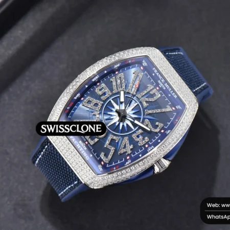 Rolex Vanguard V45 Full Diamonds Blue Textured Dial on Blue Rubber 9015 High Resolution View