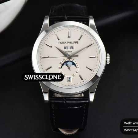 Rolex ZF Complications 5396 38.5mm White Dial Moonphase Stick Markers Black Leather MY9015 (ZF Factory) High Resolution View