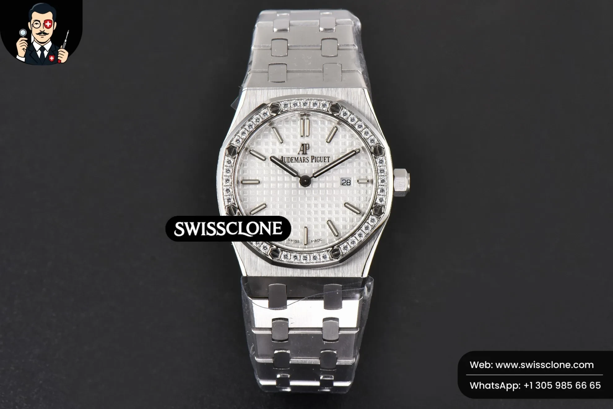 Audemars Piguet Royal Oak Ladies 33mm 8F Diamond White Dial Quartz (SW-28698) 1:1 Super Clone - Dial Macro & Hands Close-Up
