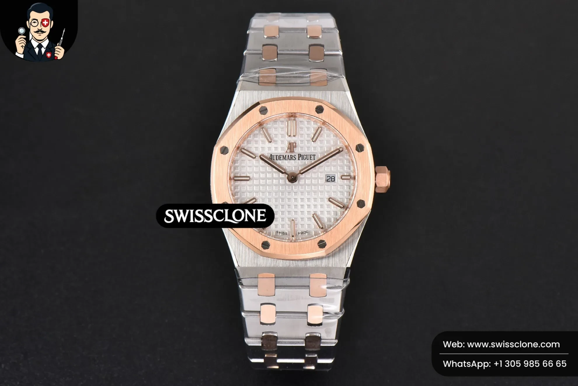 Audemars Piguet Royal Oak Ladies 33mm RG/SS 8F White Dial RG/SS Quartz 1:1 Super Clone - Dial Macro Close-Up