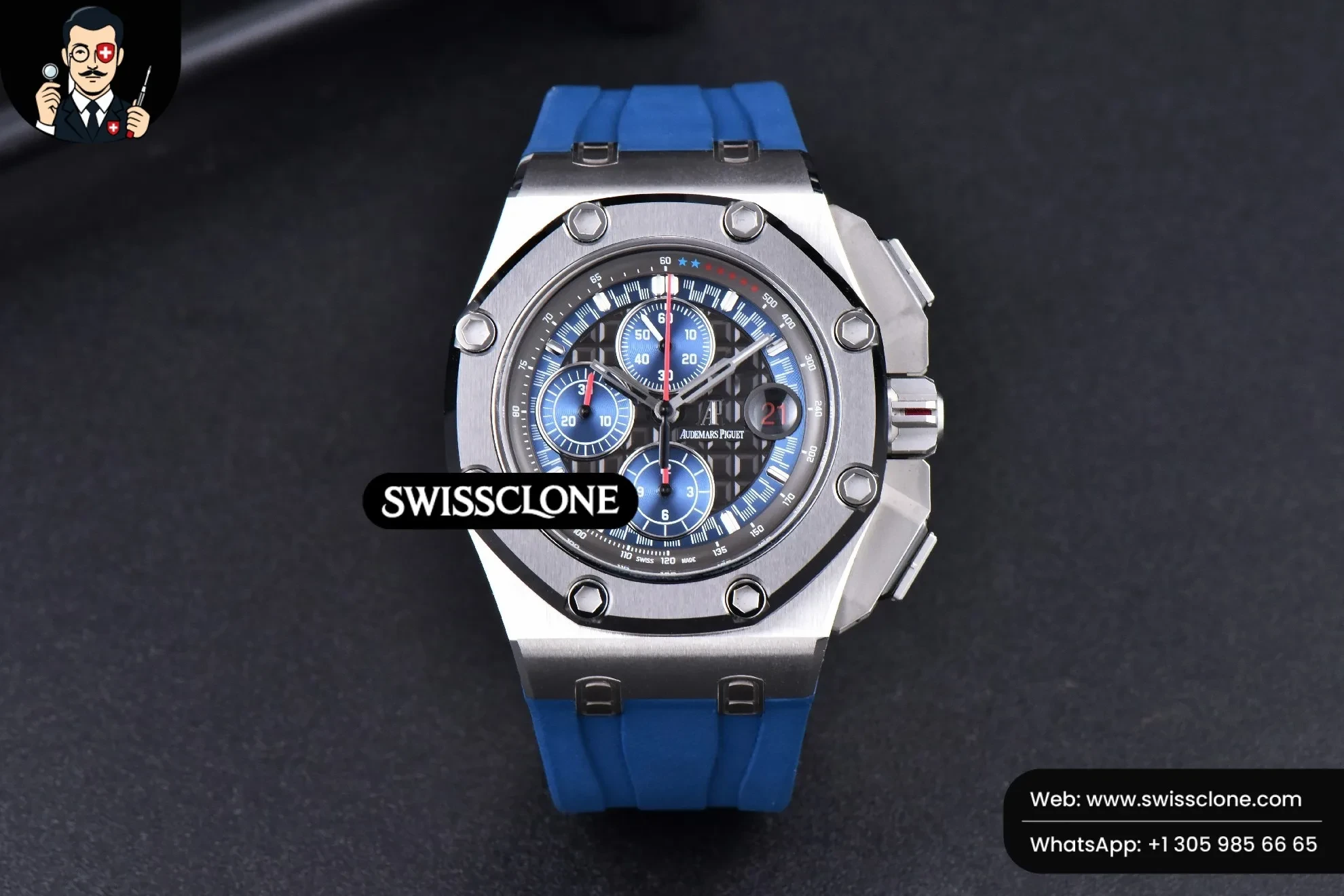 Audemars Piguet Royal Oak Offshore 26568PM JF 44mm Blue Dial Blue Rubber 1:1 Super Clone - Dial Macro Close-Up