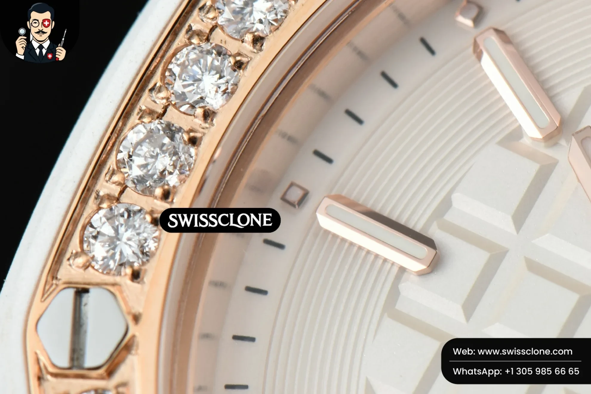 Audemars Piguet Royal Oak Offshore Ladies 33mm Moissanite RXWF White Dial Real Diamonds Bezel White Rubber Quartz (SW-30778) 1:1 Super Clone - Clasp & Bracelet Brushed Finishing