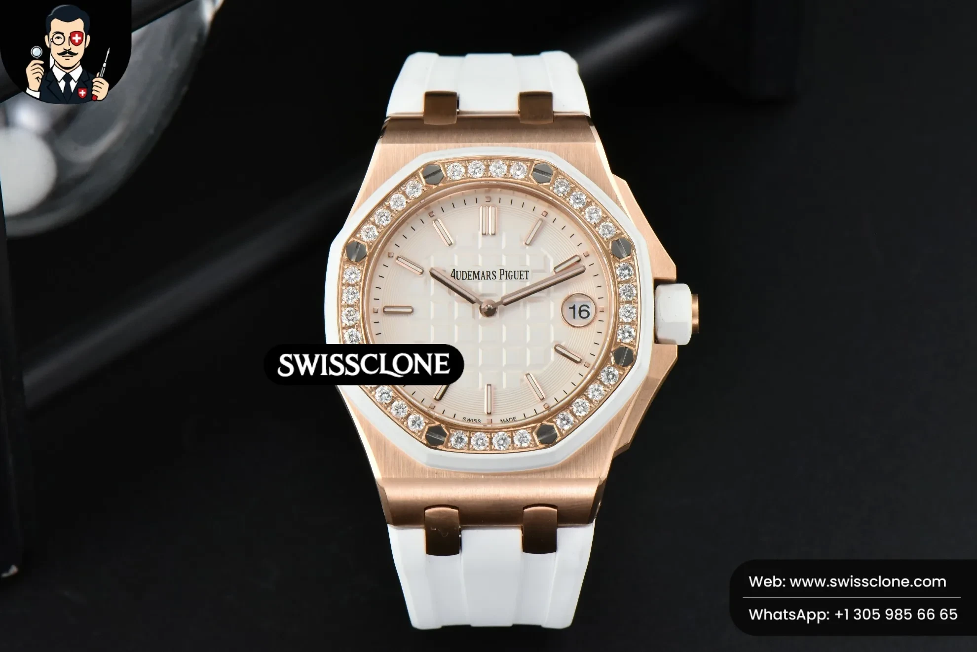 Audemars Piguet Royal Oak Offshore Ladies 33mm Moissanite RXWF White Dial Real Diamonds Bezel White Rubber Quartz (SW-30778) 1:1 Super Clone - Dial Macro & Hands Close-Up