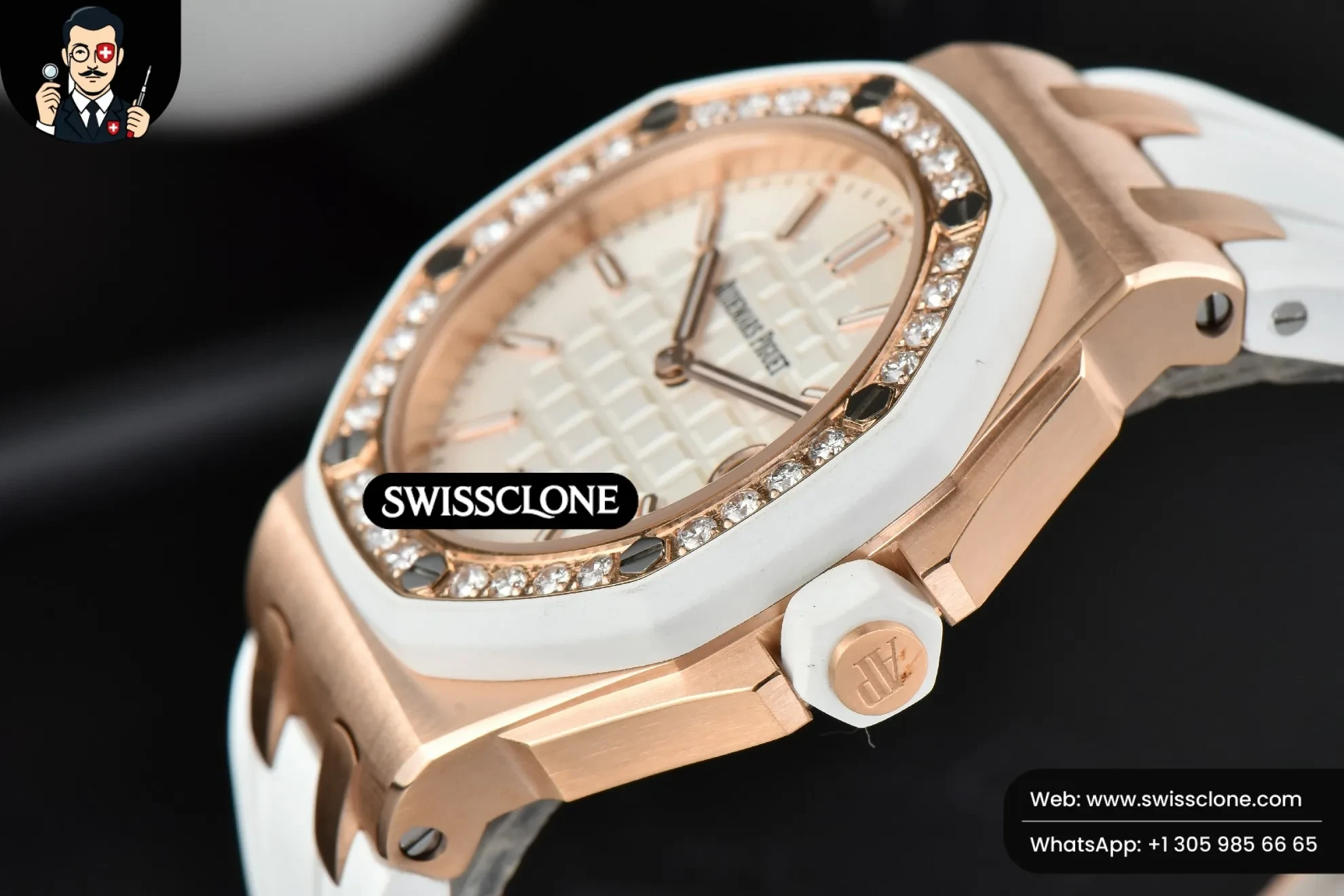 Audemars Piguet Royal Oak Offshore Ladies 33mm Moissanite RXWF White Dial Real Diamonds Bezel White Rubber Quartz (SW-30778) 1:1 Super Clone - On-Wrist Presence & Lug Geometry