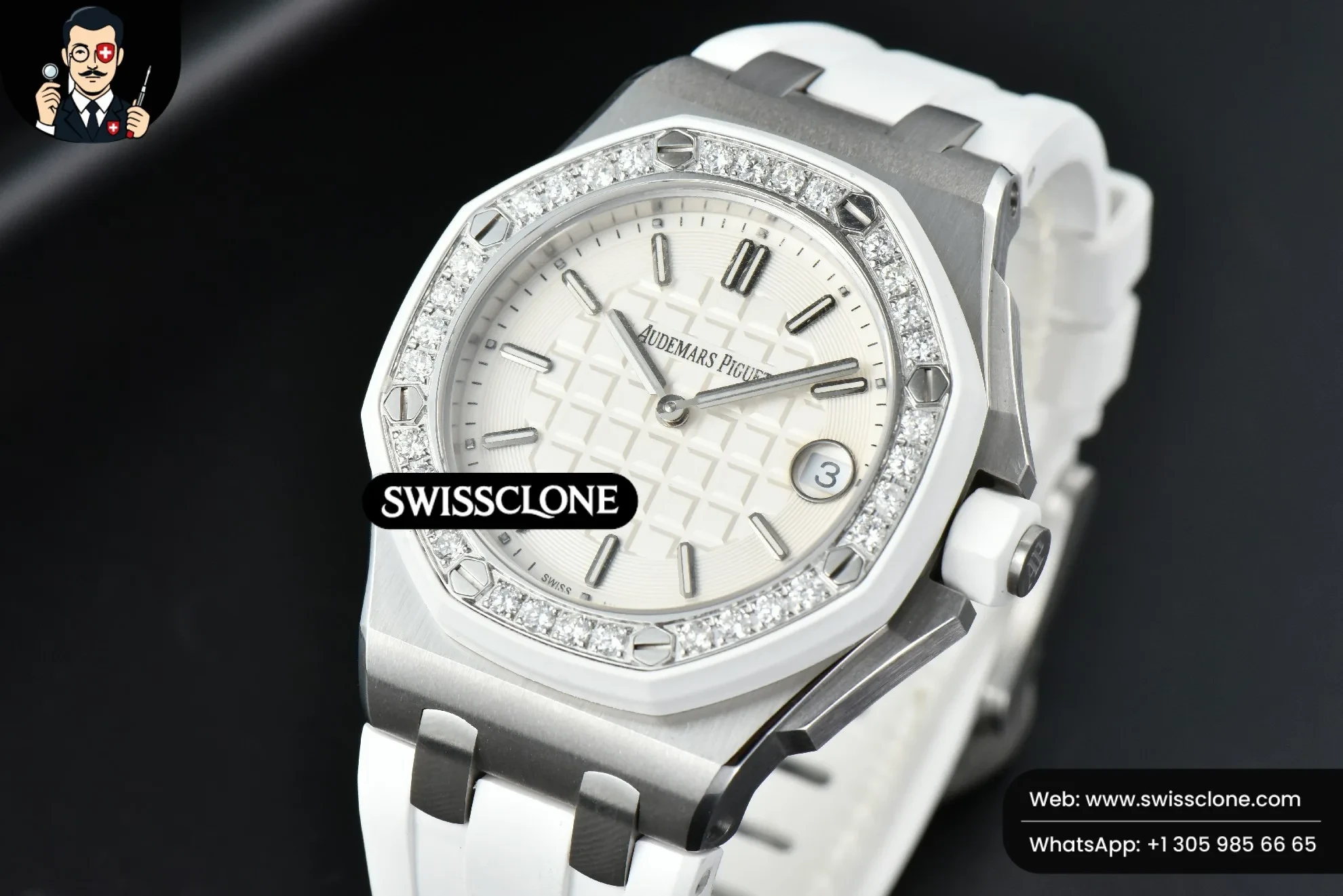 Audemars Piguet Royal Oak Offshore Ladies 33mm Moissanite RXWF White Dial Real Diamonds Bezel White Rubber Quartz 1:1 Super Clone - Bezel & Case Profile