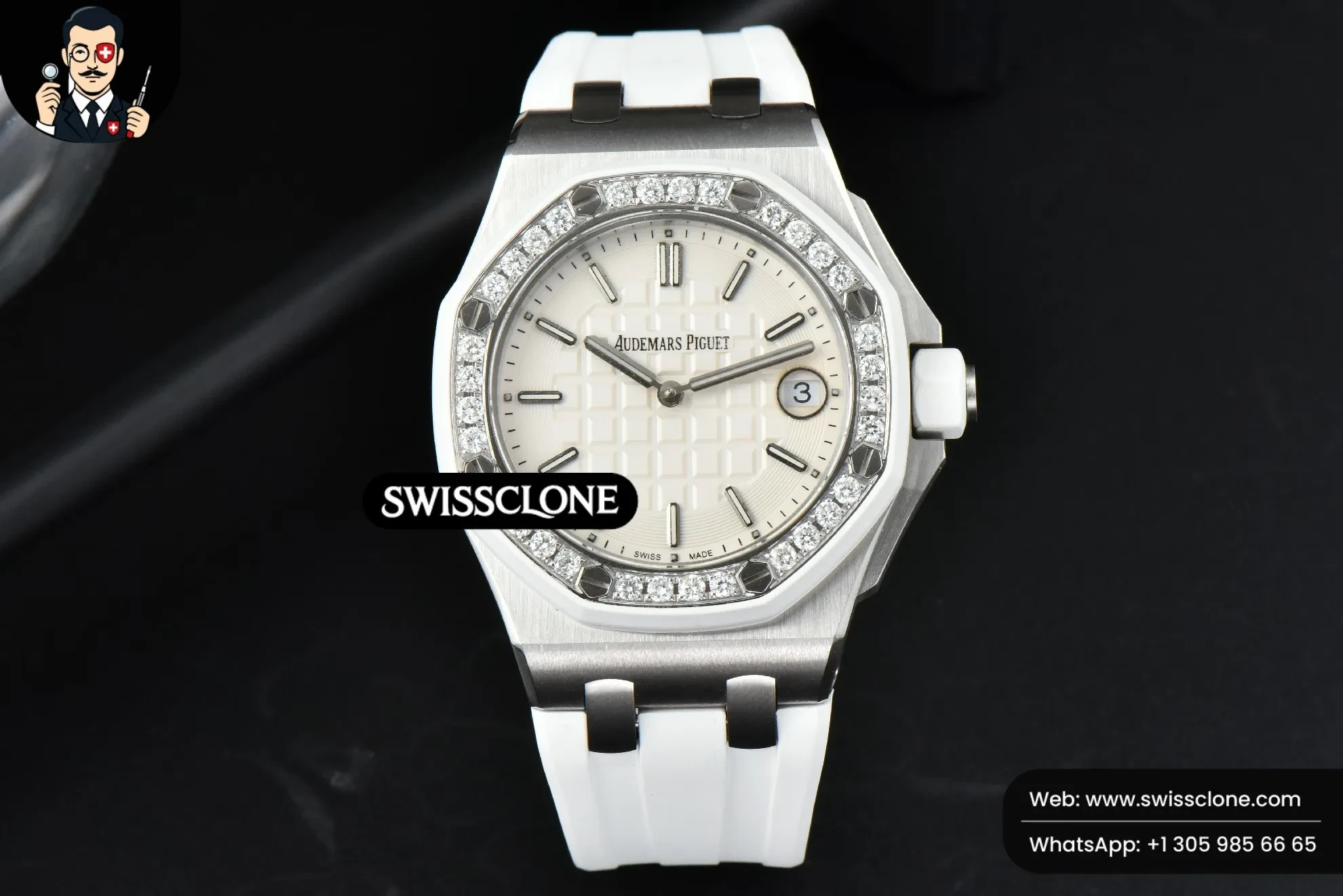 Audemars Piguet Royal Oak Offshore Ladies 33mm Moissanite RXWF White Dial Real Diamonds Bezel White Rubber Quartz 1:1 Super Clone - Dial Macro Close-Up