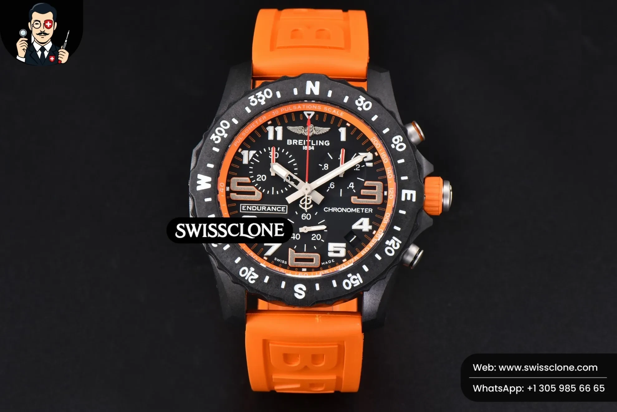 Breitling Endurance Pro 44mm OF Orange Chronometer Dial Orange Rubber Quartz 1:1 Super Clone - Dial Macro Close-Up