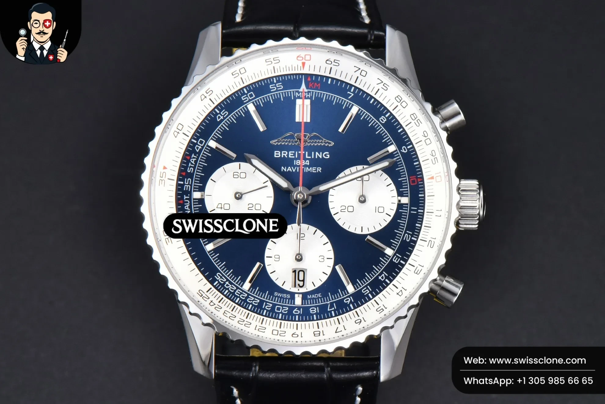 Breitling Navitimer B01 43mm BLSF Blue Dial White Subdial Black Leather - 45-Degree Case Profile & Crown View | 1:1 Swiss Super Clone
